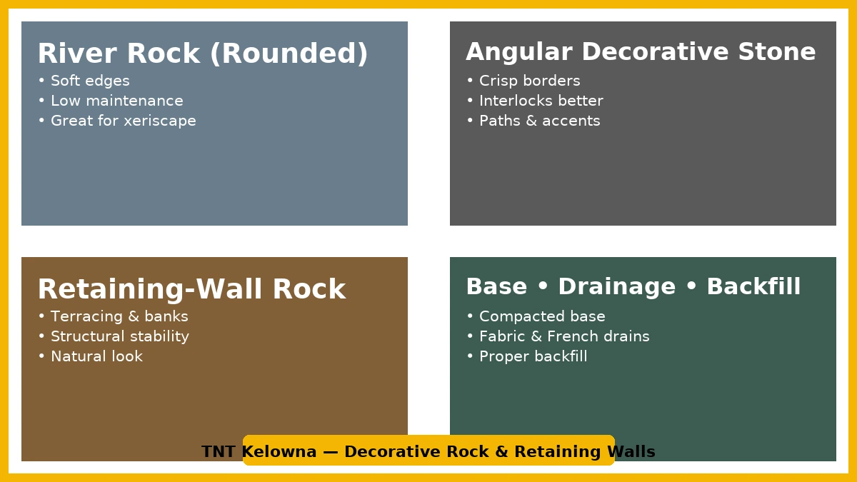 Decorative rock options—river rock (rounded), angular stone, retaining-wall rock, plus base, drainage and backfill essentials (comparison collage).
