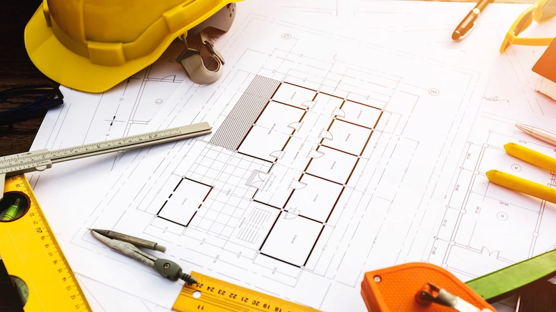 TNT Kelowna construction blueprints with hardhat, ruler, and drafting tools