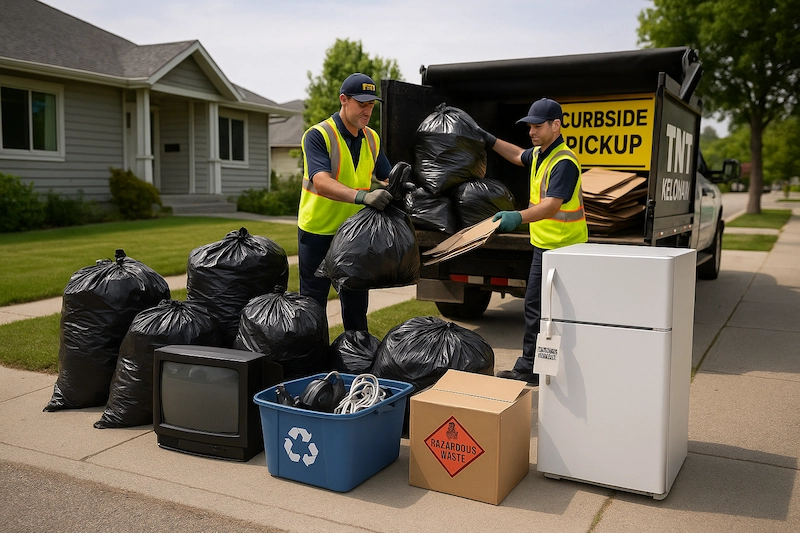 TNT Kelowna crew doing curbside pickup: two workers load contractor bags and flattened cardboard into a truck; electronics set aside for recycling; fridge tagged for refrigerant recovery; hazardous waste kept separate.