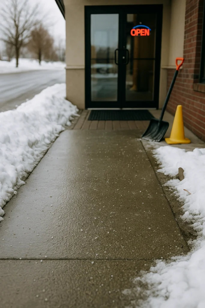 Finished customer entrance in Kelowna with freshly cleared, salted sidewalk and snowbanks