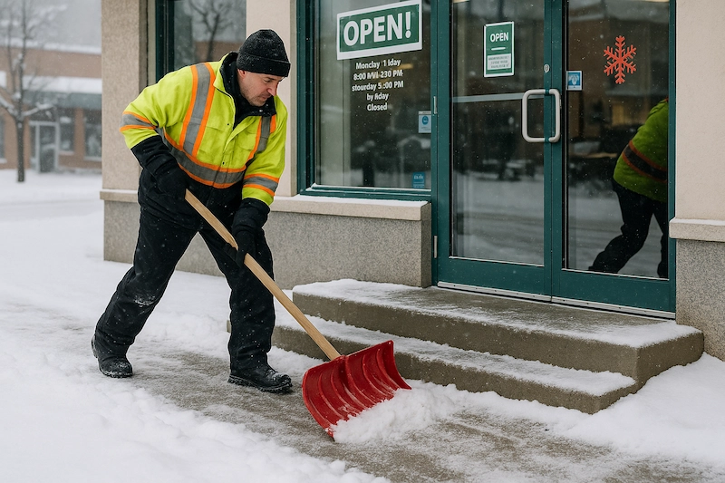 Worker hand-shoveling a storefront sidewalk and steps in Kelowna after snowfall