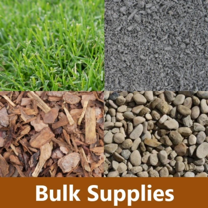 Bulk landscaping supplies: lawn sod, crushed gravel, bark mulch, and decorative rock (collage).
