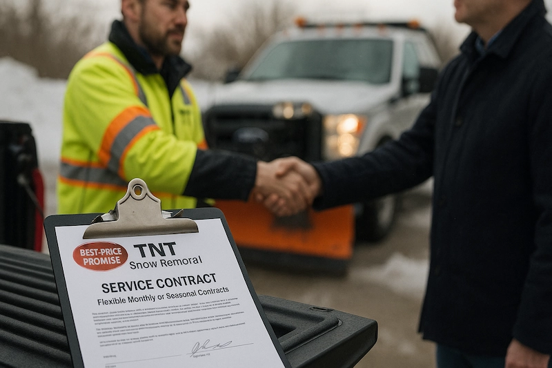 Two people reviewing a snow service contract and quote at a desk with winter scene outside