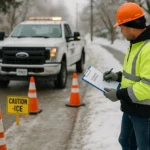 Cones marking a slick area while a worker photographs a cleared walkway for records