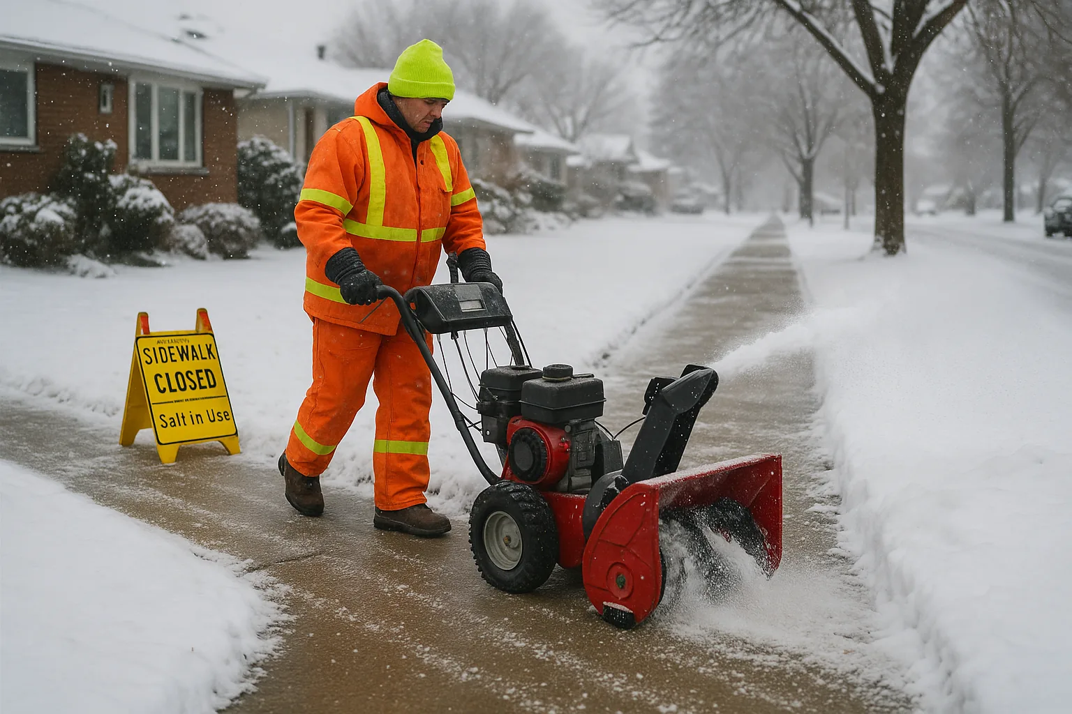 Worker using a snow blower to clear a residential sidewalk in Kelowna