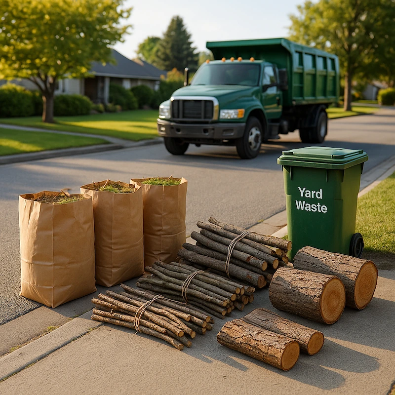 Yard waste staged for pickup in Kelowna: bagged leaves and grass, branches cut under 10 ft, larger logs separated and placed curbside.