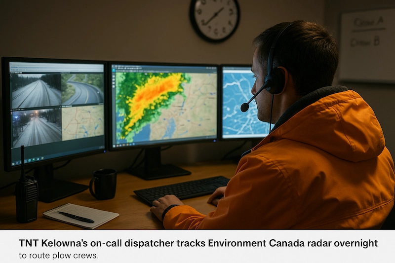 Dispatcher viewing radar on dual monitors with route map and crew roster at night