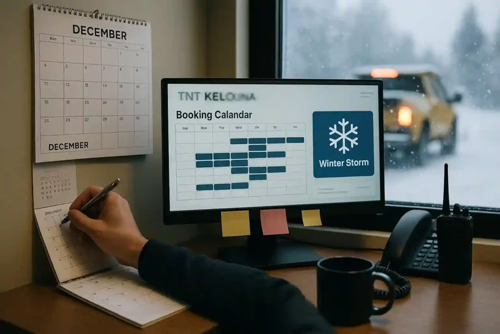 Dispatch booking calendar showing scheduled snow removal routes during a winter storm, with a plow truck visible through the window.
