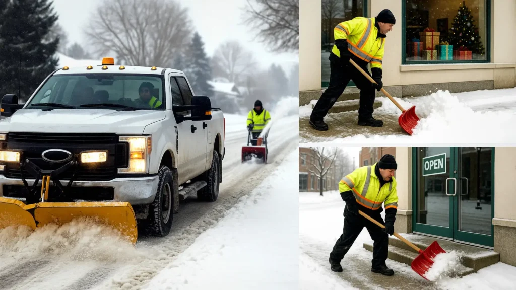 TNT Kelowna snow crew—truck with front plow alongside two workers hand-shoveling a sidewalk during active snowfall