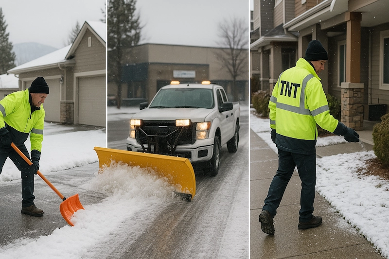 Collage of a cleared driveway, shoveled strata path, and plowed commercial lot in Kelowna