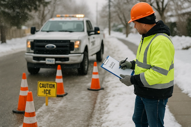Cones marking a slick area while a worker photographs a cleared walkway for records