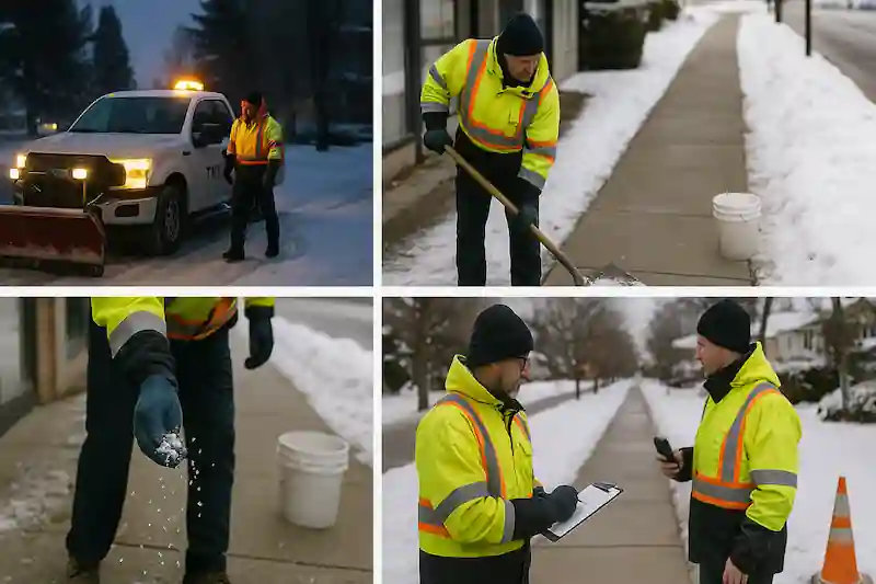 Four-photo sequence of TNT Kelowna snow crew arriving, shoveling a sidewalk, hand-salting for anti-ice control, and documenting the completed job.