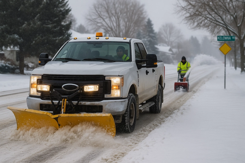 Pickup with front plow clearing fresh snow in a commercial lot; windrow forming along curb