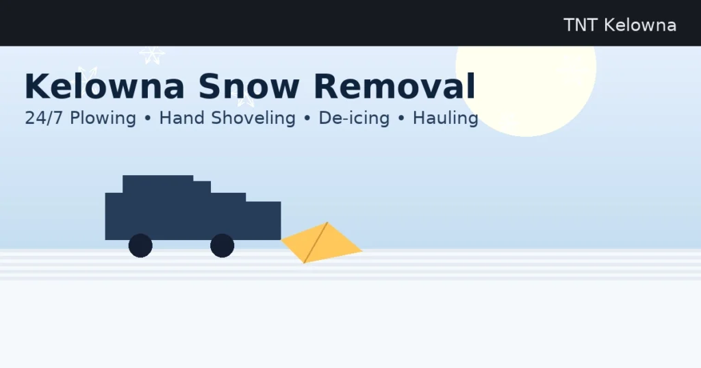 Snow plow clearing a Kelowna commercial parking lot at sunrise with fresh snow pushed to the curb.
