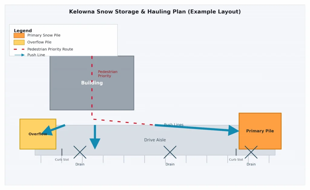 Kelowna snow storage and hauling plan showing push lines to primary and overflow piles, drains, and a pedestrian-priority route.
