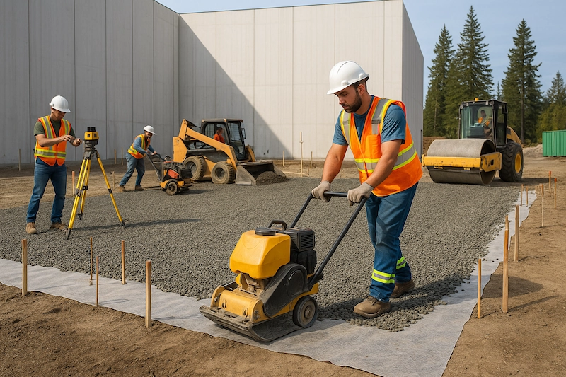Crew preparing a commercial building pad in Kelowna—laser level setup, skid-steer and roller on site, geotextile and compacted gravel base inside form stakes.