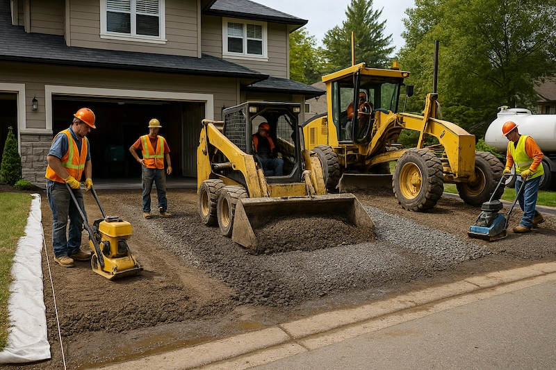 Crew grading and compacting a residential driveway in Kelowna using a skid-steer, motor grader and plate compactors, placing and shaping crushed gravel for drainage.