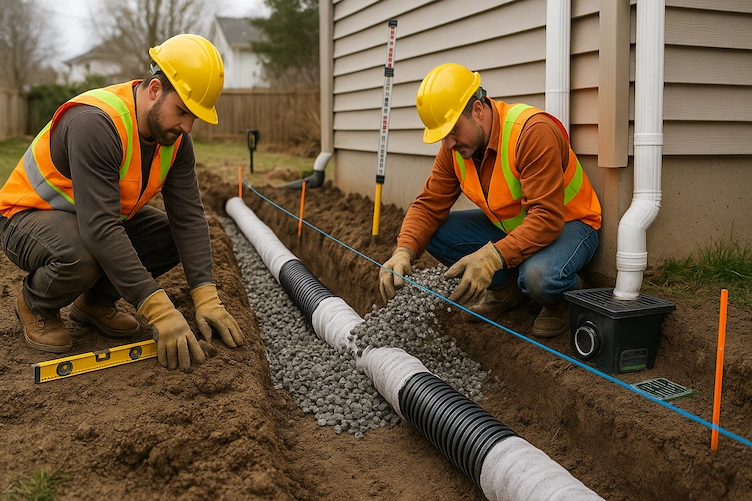 Two workers installing a French drain beside a house in Kelowna—fabric-wrapped perforated pipe set in gravel, slope line, catch basin tied to downspout.