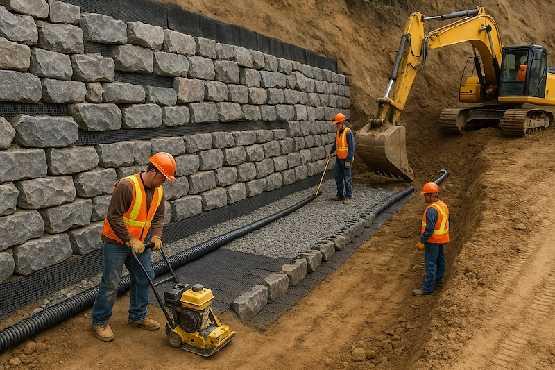 Crew building a tiered rock retaining wall on a sloped excavation site in Kelowna, installing geogrid layers, drain tile and compacted gravel base.