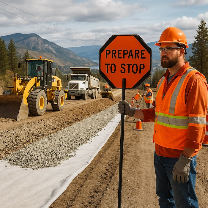 Crew building a rural access road near Kelowna—installing a culvert with geotextile, shaping and compacting graded gravel base with loader and roller.