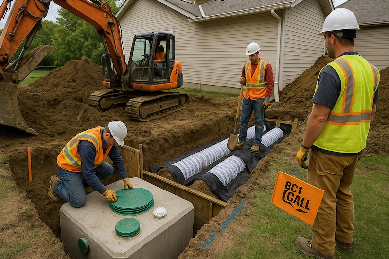 Crew installing a septic tank and leach field beside a home in Kelowna—excavator on site, fabric over trenches, workers setting green tank lids and chambers.