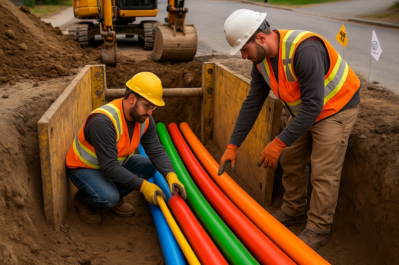 TNT Kelowna crew installing color-coded utility conduits—water (blue), sewer (green), electrical (red), gas (yellow) and data—inside a shored street trench.