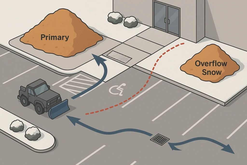 Isometric parking lot in winter showing a snowplow directing snow toward a primary pile area, an overflow pile near a building, clear pedestrian walkways, accessible parking, and arrows guiding meltwater toward a drain.