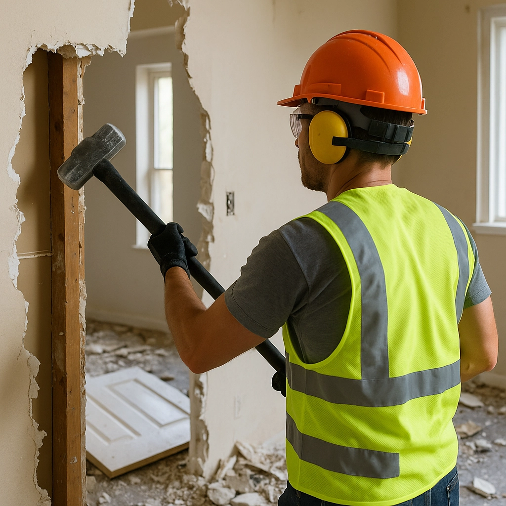 Construction worker performing controlled interior demolition inside a partially stripped room with dust containment and exposed studs