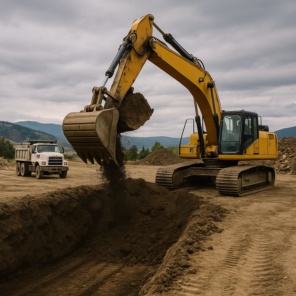 Excavator tearing down a residential house in Kelowna with debris piled on site